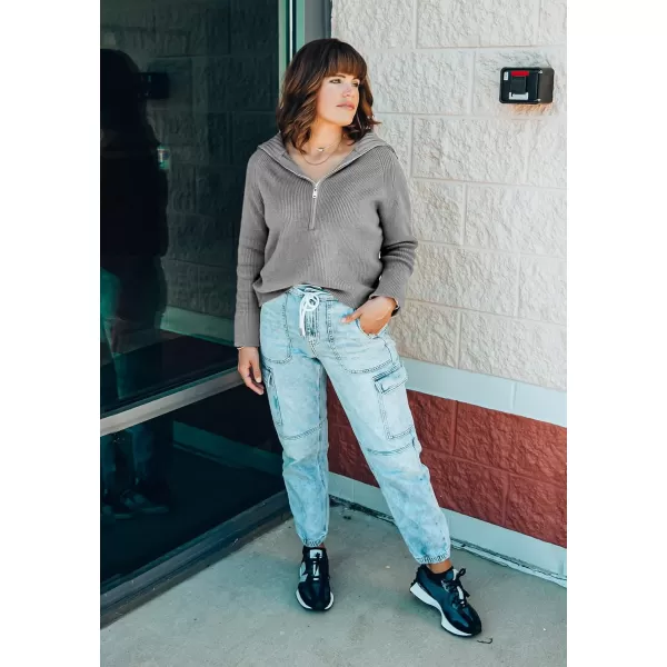 BTFBM Womens Casual Long Sleeve Half Zip Pullover Sweaters Solid V Neck Collar Ribbed Knitted Loose Slouchy Jumper TopsSolid Light Grey