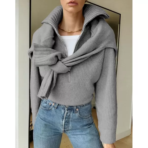 BTFBM Womens Casual Long Sleeve Half Zip Pullover Sweaters Solid V Neck Collar Ribbed Knitted Loose Slouchy Jumper TopsSolid Light Grey