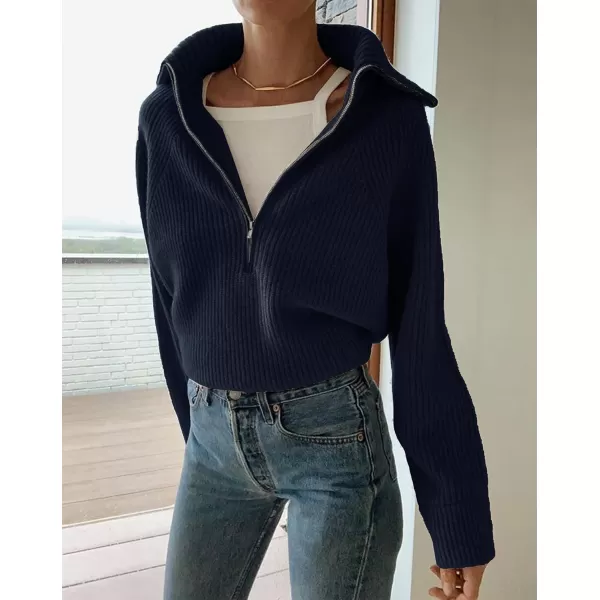 BTFBM Womens Casual Long Sleeve Half Zip Pullover Sweaters Solid V Neck Collar Ribbed Knitted Loose Slouchy Jumper TopsSolid Navy