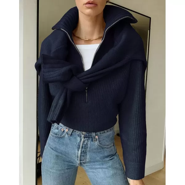 BTFBM Womens Casual Long Sleeve Half Zip Pullover Sweaters Solid V Neck Collar Ribbed Knitted Loose Slouchy Jumper TopsSolid Navy