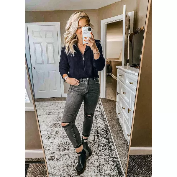 BTFBM Womens Casual Long Sleeve Half Zip Pullover Sweaters Solid V Neck Collar Ribbed Knitted Loose Slouchy Jumper TopsSolid Navy