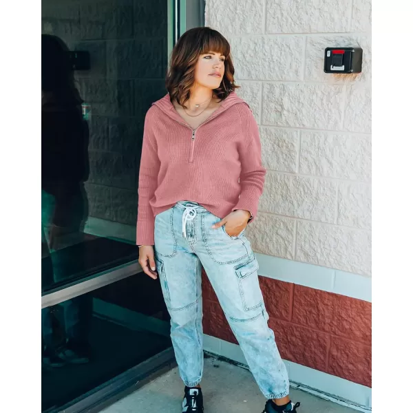 BTFBM Womens Casual Long Sleeve Half Zip Pullover Sweaters Solid V Neck Collar Ribbed Knitted Loose Slouchy Jumper TopsSolid Pink