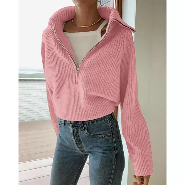 BTFBM Womens Casual Long Sleeve Half Zip Pullover Sweaters Solid V Neck Collar Ribbed Knitted Loose Slouchy Jumper TopsSolid Pink