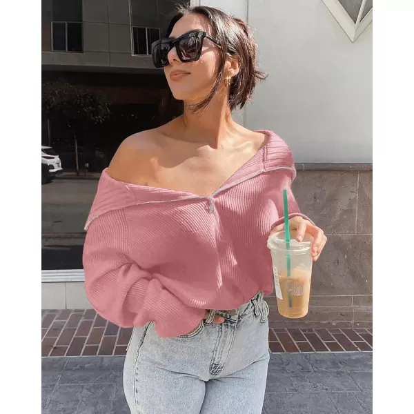 BTFBM Womens Casual Long Sleeve Half Zip Pullover Sweaters Solid V Neck Collar Ribbed Knitted Loose Slouchy Jumper TopsSolid Pink