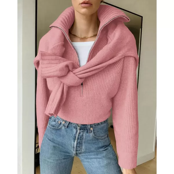 BTFBM Womens Casual Long Sleeve Half Zip Pullover Sweaters Solid V Neck Collar Ribbed Knitted Loose Slouchy Jumper TopsSolid Pink