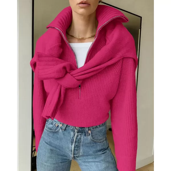 BTFBM Womens Casual Long Sleeve Half Zip Pullover Sweaters Solid V Neck Collar Ribbed Knitted Loose Slouchy Jumper TopsSolid Rose Red
