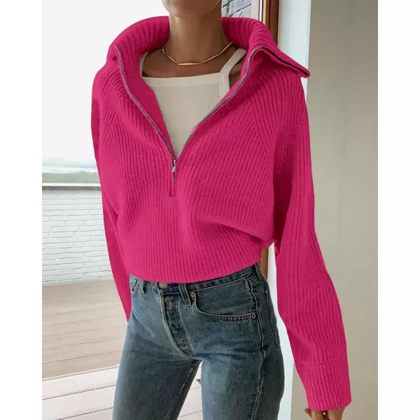 BTFBM Womens Casual Long Sleeve Half Zip Pullover Sweaters Solid V Neck Collar Ribbed Knitted Loose Slouchy Jumper TopsSolid Rose Red