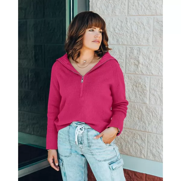 BTFBM Womens Casual Long Sleeve Half Zip Pullover Sweaters Solid V Neck Collar Ribbed Knitted Loose Slouchy Jumper TopsSolid Rose Red