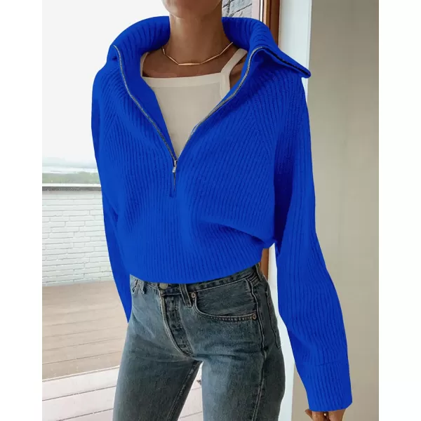 BTFBM Womens Casual Long Sleeve Half Zip Pullover Sweaters Solid V Neck Collar Ribbed Knitted Loose Slouchy Jumper TopsSolid Royal Blue