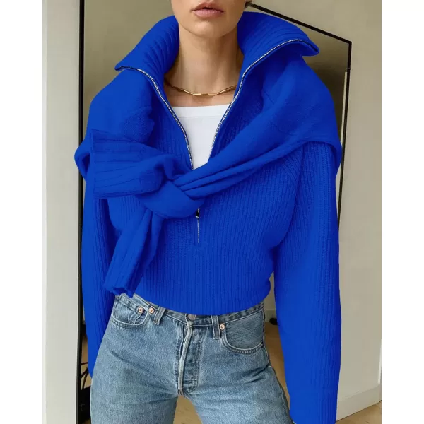BTFBM Womens Casual Long Sleeve Half Zip Pullover Sweaters Solid V Neck Collar Ribbed Knitted Loose Slouchy Jumper TopsSolid Royal Blue