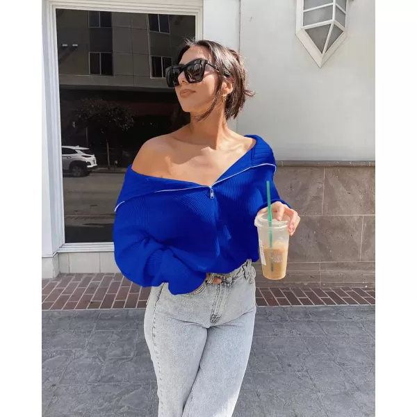 BTFBM Womens Casual Long Sleeve Half Zip Pullover Sweaters Solid V Neck Collar Ribbed Knitted Loose Slouchy Jumper TopsSolid Royal Blue