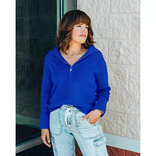BTFBM Womens Casual Long Sleeve Half Zip Pullover Sweaters Solid V Neck Collar Ribbed Knitted Loose Slouchy Jumper TopsSolid Royal Blue
