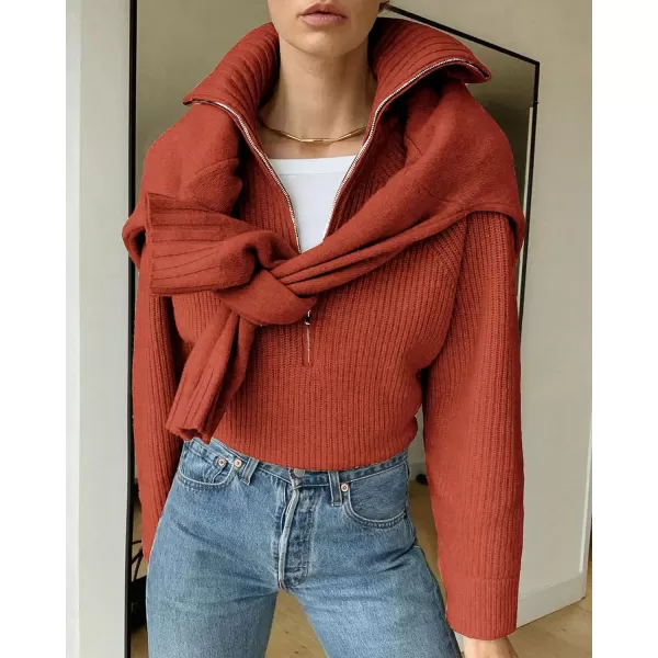 BTFBM Womens Casual Long Sleeve Half Zip Pullover Sweaters Solid V Neck Collar Ribbed Knitted Loose Slouchy Jumper TopsSolid Rust Red