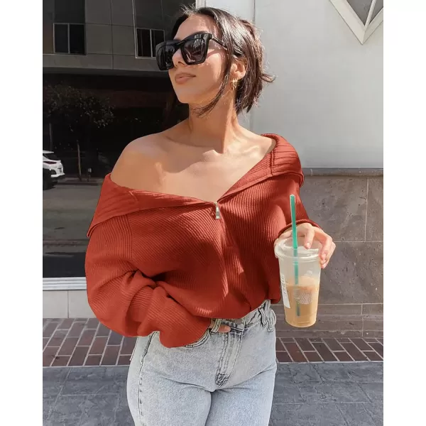 BTFBM Womens Casual Long Sleeve Half Zip Pullover Sweaters Solid V Neck Collar Ribbed Knitted Loose Slouchy Jumper TopsSolid Rust Red