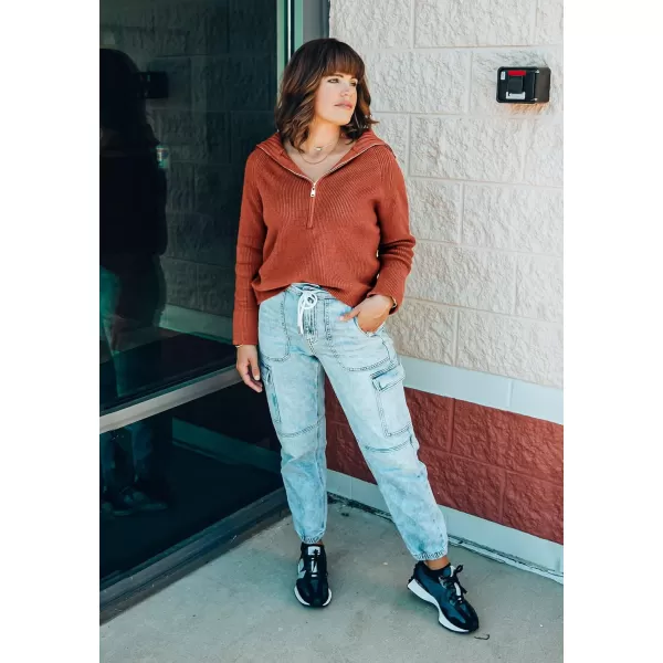 BTFBM Womens Casual Long Sleeve Half Zip Pullover Sweaters Solid V Neck Collar Ribbed Knitted Loose Slouchy Jumper TopsSolid Rust Red