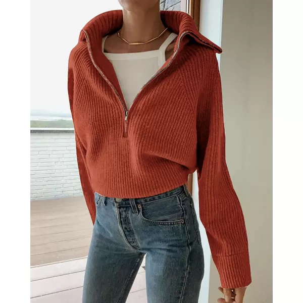BTFBM Womens Casual Long Sleeve Half Zip Pullover Sweaters Solid V Neck Collar Ribbed Knitted Loose Slouchy Jumper TopsSolid Rust Red