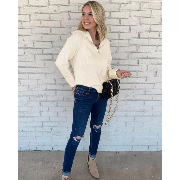 BTFBM Womens Casual Long Sleeve Half Zip Pullover Sweaters Solid V Neck Collar Ribbed Knitted Loose Slouchy Jumper TopsSolid White