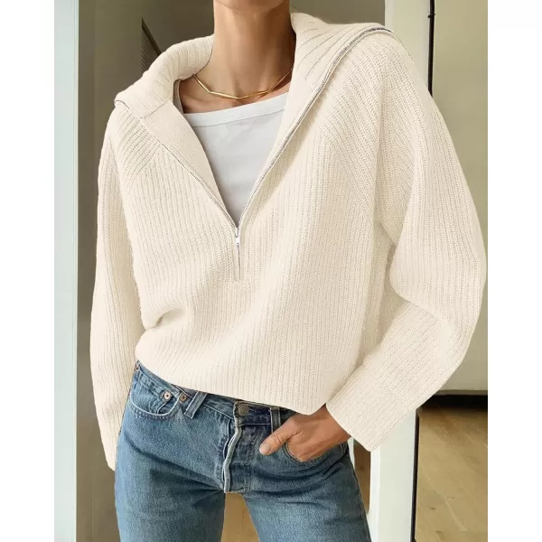 BTFBM Womens Casual Long Sleeve Half Zip Pullover Sweaters Solid V Neck Collar Ribbed Knitted Loose Slouchy Jumper TopsSolid White