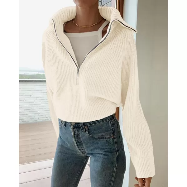 BTFBM Womens Casual Long Sleeve Half Zip Pullover Sweaters Solid V Neck Collar Ribbed Knitted Loose Slouchy Jumper TopsSolid White
