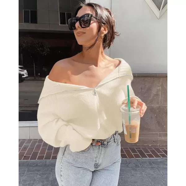 BTFBM Womens Casual Long Sleeve Half Zip Pullover Sweaters Solid V Neck Collar Ribbed Knitted Loose Slouchy Jumper TopsSolid White