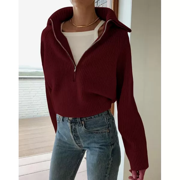 BTFBM Womens Casual Long Sleeve Half Zip Pullover Sweaters Solid V Neck Collar Ribbed Knitted Loose Slouchy Jumper TopsSolid Wine Red