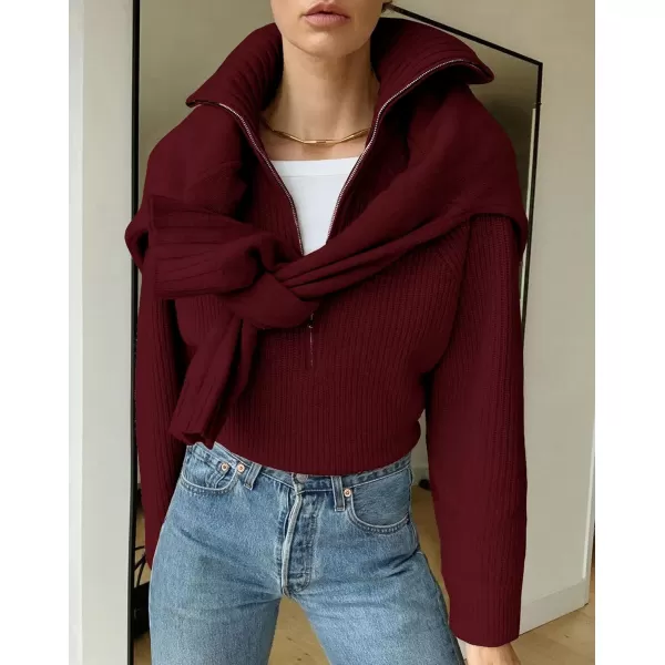BTFBM Womens Casual Long Sleeve Half Zip Pullover Sweaters Solid V Neck Collar Ribbed Knitted Loose Slouchy Jumper TopsSolid Wine Red