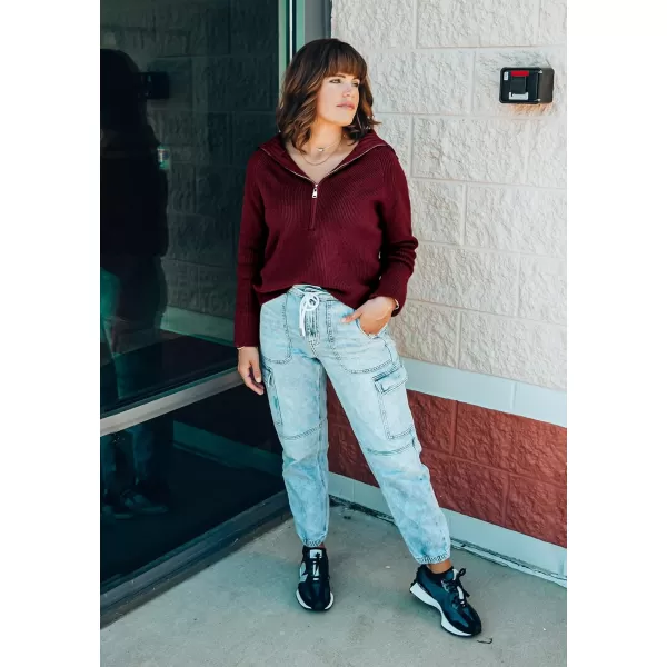 BTFBM Womens Casual Long Sleeve Half Zip Pullover Sweaters Solid V Neck Collar Ribbed Knitted Loose Slouchy Jumper TopsSolid Wine Red