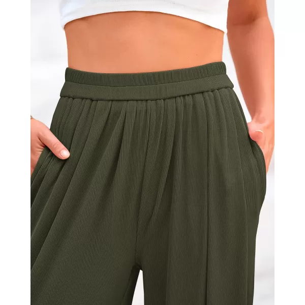 BTFBM Womens Casual Wide Leg Pants Summer Fall Clothes Pleated Elastic Waist Loose Palazzo Knit Trousers with PocketsSolid Army Green
