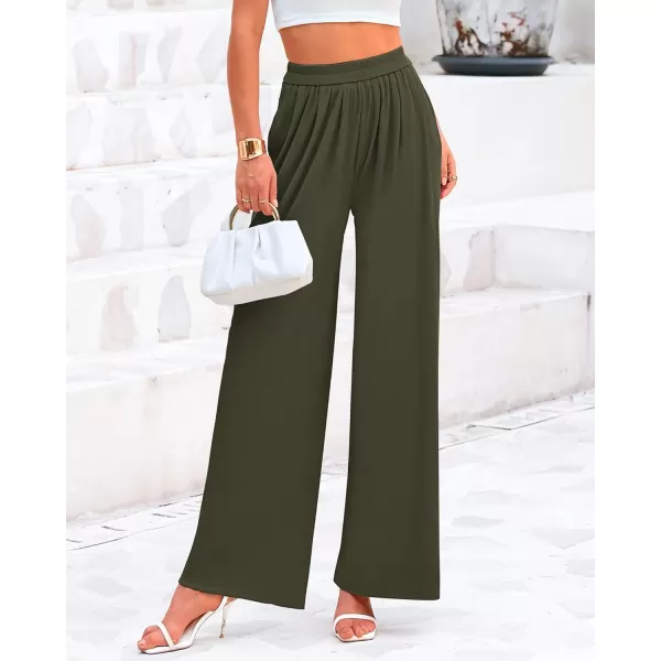 BTFBM Womens Casual Wide Leg Pants Summer Fall Clothes Pleated Elastic Waist Loose Palazzo Knit Trousers with PocketsSolid Army Green