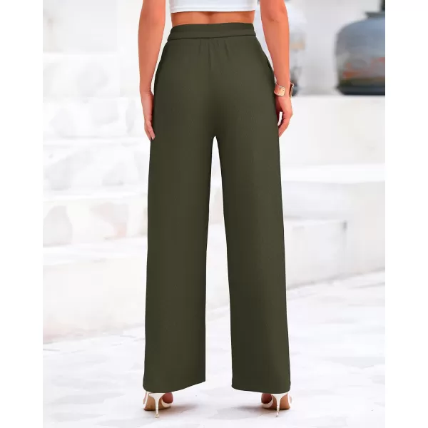 BTFBM Womens Casual Wide Leg Pants Summer Fall Clothes Pleated Elastic Waist Loose Palazzo Knit Trousers with PocketsSolid Army Green