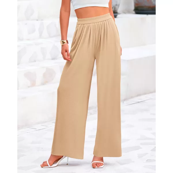 BTFBM Womens Casual Wide Leg Pants Summer Fall Clothes Pleated Elastic Waist Loose Palazzo Knit Trousers with PocketsSolid Beige