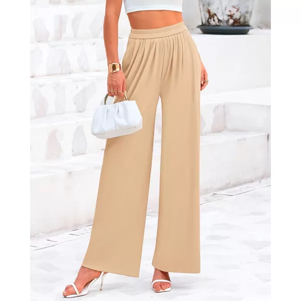 BTFBM Womens Casual Wide Leg Pants Summer Fall Clothes Pleated Elastic Waist Loose Palazzo Knit Trousers with PocketsSolid Beige