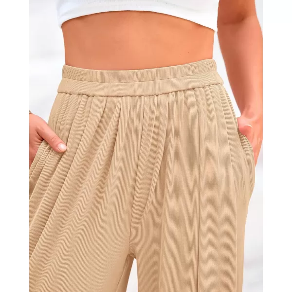 BTFBM Womens Casual Wide Leg Pants Summer Fall Clothes Pleated Elastic Waist Loose Palazzo Knit Trousers with PocketsSolid Beige