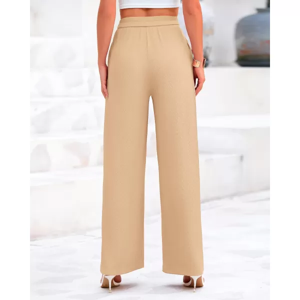BTFBM Womens Casual Wide Leg Pants Summer Fall Clothes Pleated Elastic Waist Loose Palazzo Knit Trousers with PocketsSolid Beige