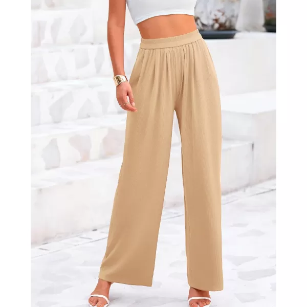 BTFBM Womens Casual Wide Leg Pants Summer Fall Clothes Pleated Elastic Waist Loose Palazzo Knit Trousers with PocketsSolid Beige