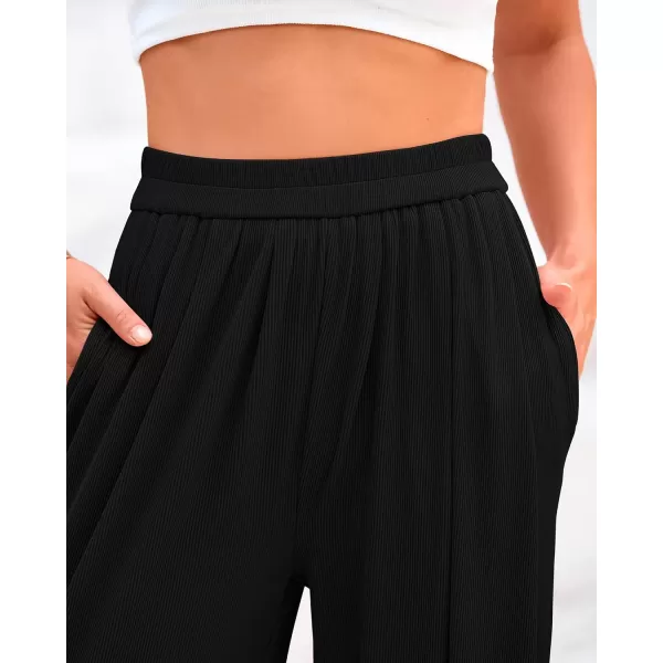 BTFBM Womens Casual Wide Leg Pants Summer Fall Clothes Pleated Elastic Waist Loose Palazzo Knit Trousers with PocketsSolid Black