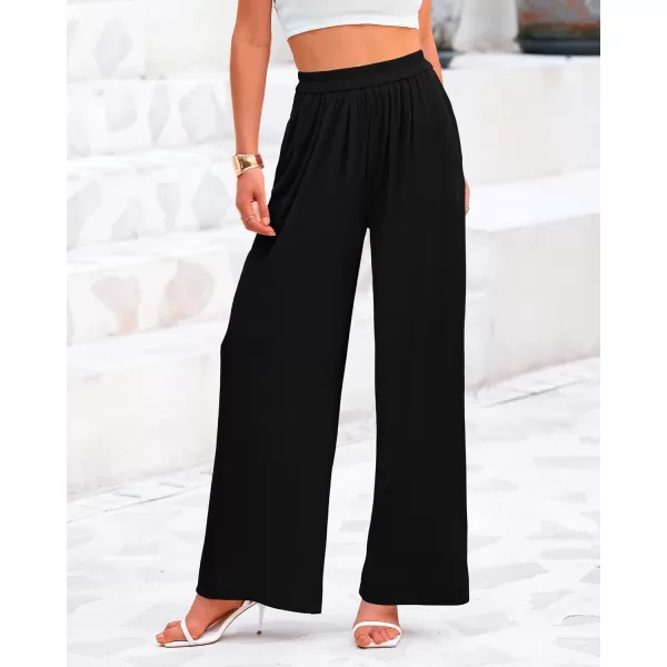 BTFBM Womens Casual Wide Leg Pants Summer Fall Clothes Pleated Elastic Waist Loose Palazzo Knit Trousers with PocketsSolid Black
