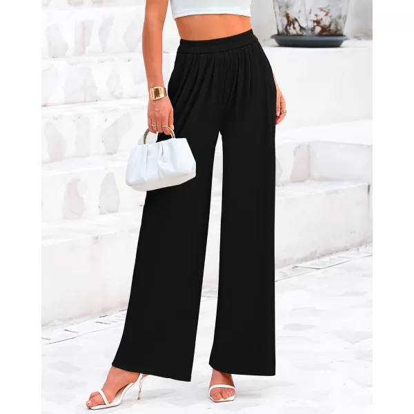 BTFBM Womens Casual Wide Leg Pants Summer Fall Clothes Pleated Elastic Waist Loose Palazzo Knit Trousers with PocketsSolid Black