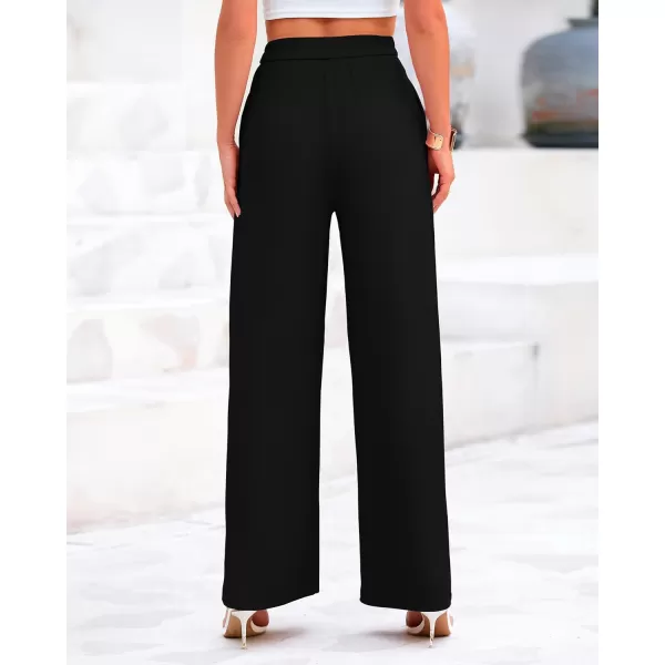 BTFBM Womens Casual Wide Leg Pants Summer Fall Clothes Pleated Elastic Waist Loose Palazzo Knit Trousers with PocketsSolid Black