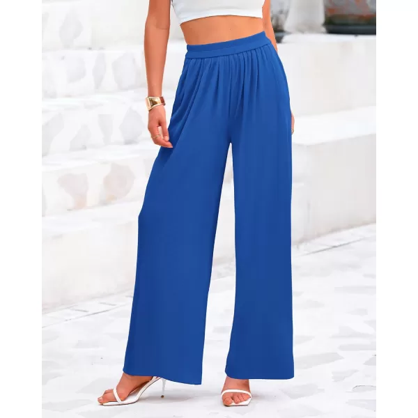 BTFBM Womens Casual Wide Leg Pants Summer Fall Clothes Pleated Elastic Waist Loose Palazzo Knit Trousers with PocketsSolid Blue