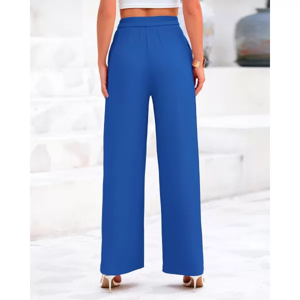 BTFBM Womens Casual Wide Leg Pants Summer Fall Clothes Pleated Elastic Waist Loose Palazzo Knit Trousers with PocketsSolid Blue