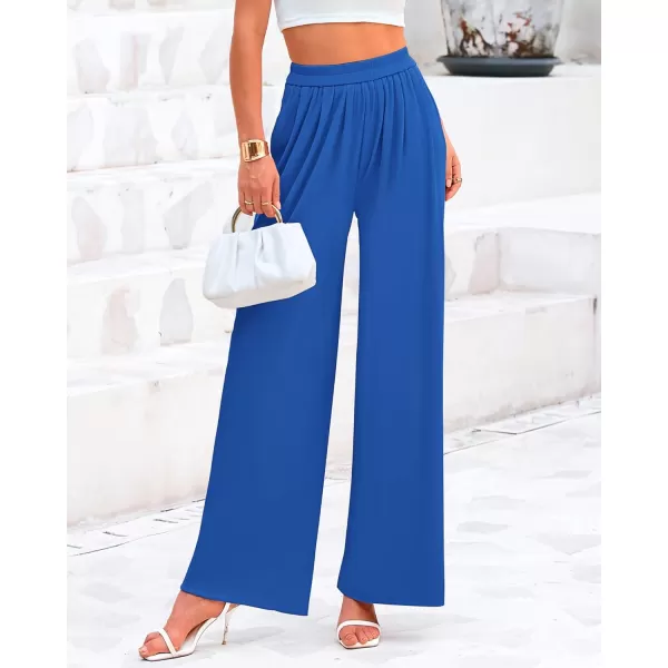 BTFBM Womens Casual Wide Leg Pants Summer Fall Clothes Pleated Elastic Waist Loose Palazzo Knit Trousers with PocketsSolid Blue