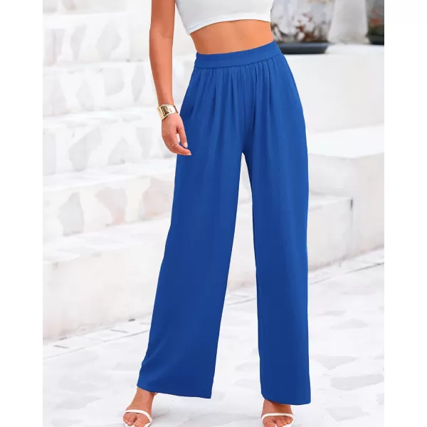 BTFBM Womens Casual Wide Leg Pants Summer Fall Clothes Pleated Elastic Waist Loose Palazzo Knit Trousers with PocketsSolid Blue