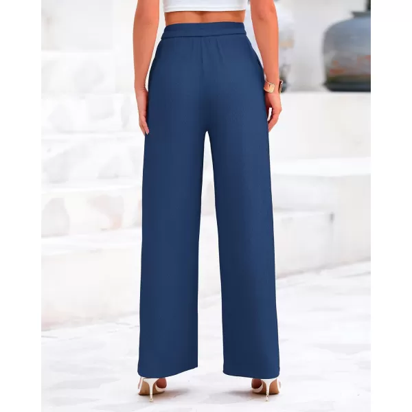 BTFBM Womens Casual Wide Leg Pants Summer Fall Clothes Pleated Elastic Waist Loose Palazzo Knit Trousers with PocketsSolid Dark Blue