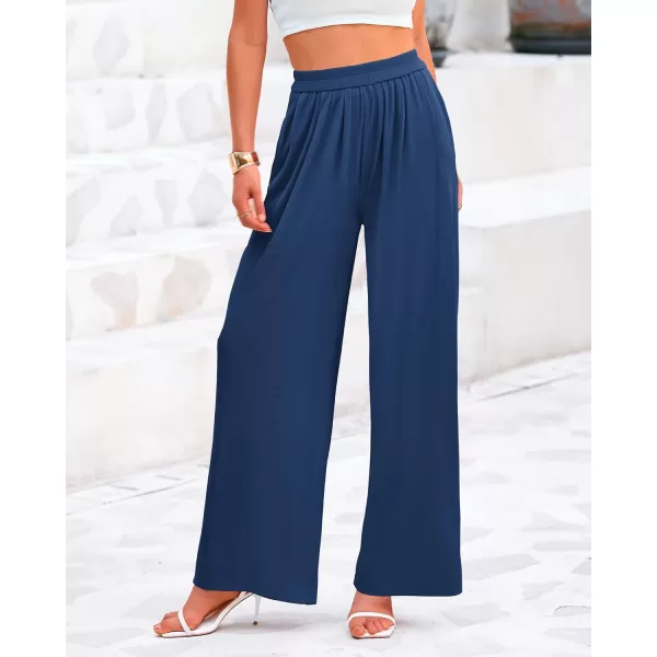 BTFBM Womens Casual Wide Leg Pants Summer Fall Clothes Pleated Elastic Waist Loose Palazzo Knit Trousers with PocketsSolid Dark Blue