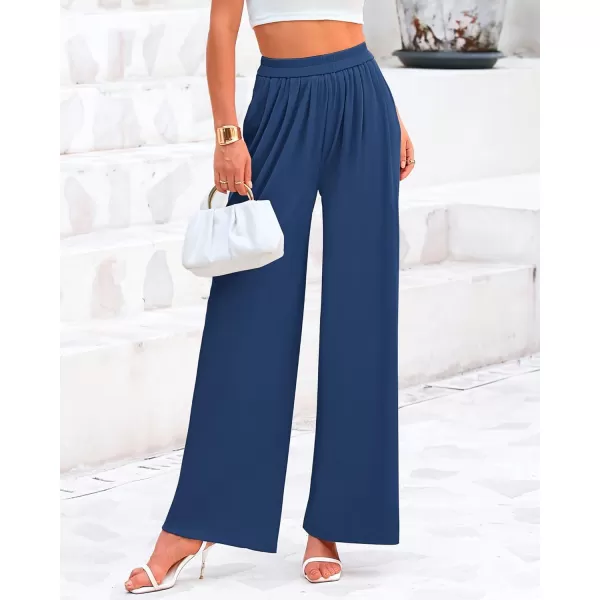 BTFBM Womens Casual Wide Leg Pants Summer Fall Clothes Pleated Elastic Waist Loose Palazzo Knit Trousers with PocketsSolid Dark Blue