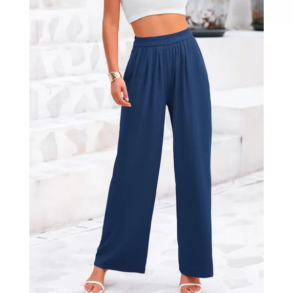 BTFBM Womens Casual Wide Leg Pants Summer Fall Clothes Pleated Elastic Waist Loose Palazzo Knit Trousers with PocketsSolid Dark Blue