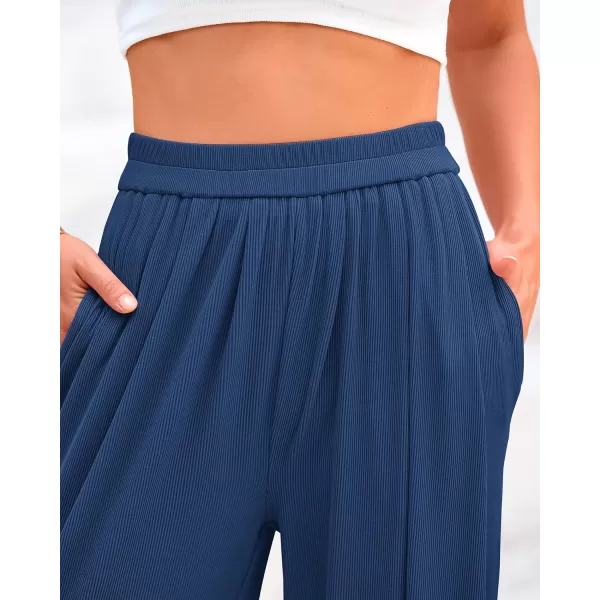BTFBM Womens Casual Wide Leg Pants Summer Fall Clothes Pleated Elastic Waist Loose Palazzo Knit Trousers with PocketsSolid Dark Blue