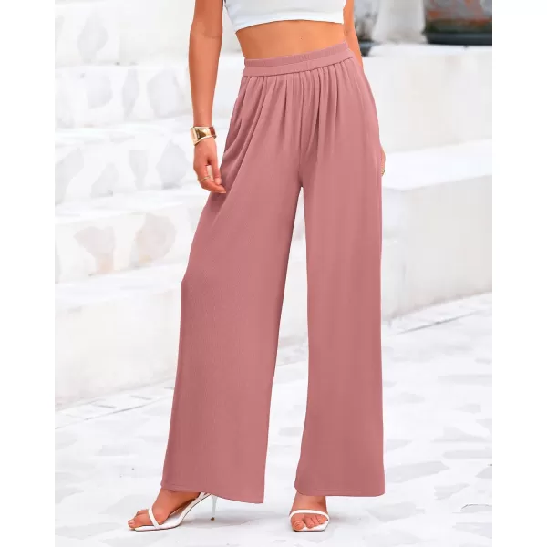 BTFBM Womens Casual Wide Leg Pants Summer Fall Clothes Pleated Elastic Waist Loose Palazzo Knit Trousers with PocketsSolid Dusty Pink
