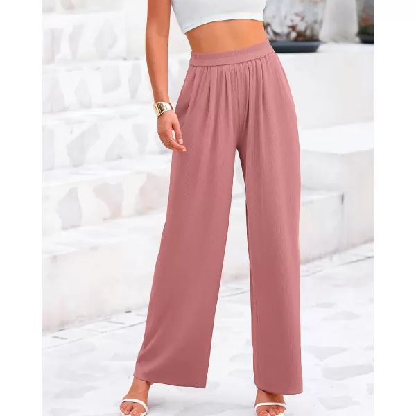 BTFBM Womens Casual Wide Leg Pants Summer Fall Clothes Pleated Elastic Waist Loose Palazzo Knit Trousers with PocketsSolid Dusty Pink